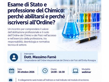 Seminario informativo, modalità webinar, in preparazione all' Esame di Stato per Chimici, 30 ottobre ore 14.00-16.30